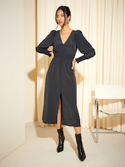 Friends Like These Black V Neck Shirred Waist Long Puff Sleeve Midi Dress - Image 1 of 4