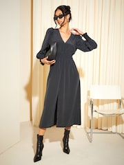 Friends Like These Black V Neck Shirred Waist Long Puff Sleeve Midi Dress - Image 3 of 4