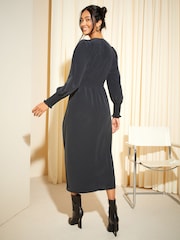 Friends Like These Black V Neck Shirred Waist Long Puff Sleeve Midi Dress - Image 4 of 4