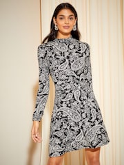 Friends Like These Black Paisley Fit And Flare Round Neck 3/4 Sleeve Dress - Image 1 of 4