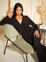 Friends Like These Black Jersey Wrap Long Sleeve Jumpsuit - Image 3 of 4