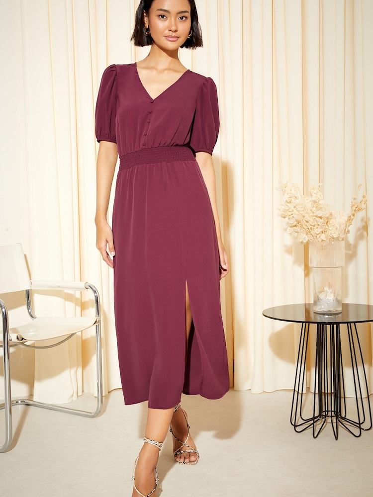 Friends Like These Berry Red Puff Sleeve Ruched Waist V Neck Midi Summer Dress - Image 1 of 3