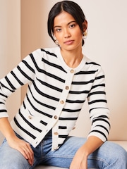Lipsy Ivory White and Black Knitted Stripe Button Through Cardigan - Image 1 of 4