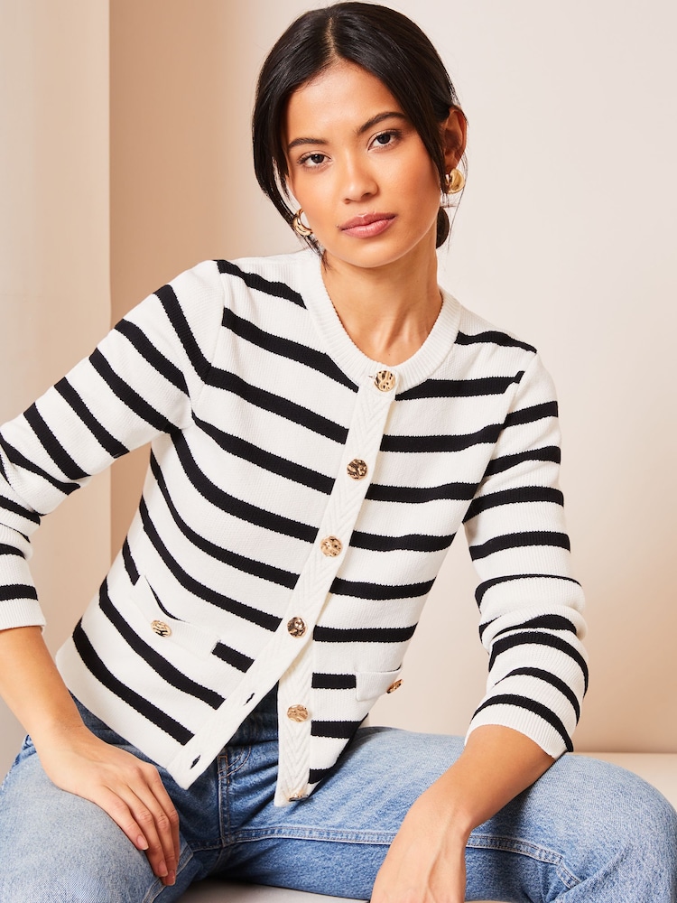Lipsy Ivory White and Black Knitted Stripe Button Through Cardigan - Image 1 of 4