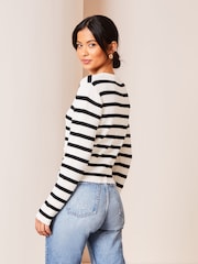Lipsy Ivory White and Black Knitted Stripe Button Through Cardigan - Image 2 of 4