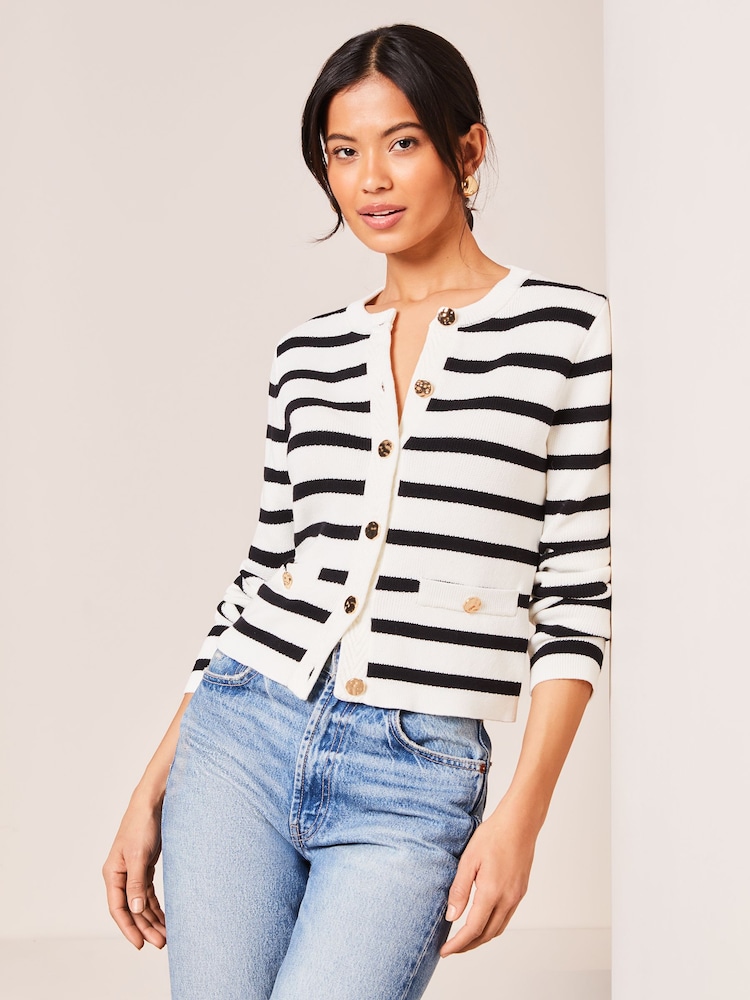 Lipsy Ivory White and Black Knitted Stripe Button Through Cardigan - Image 4 of 4 Lipsy Ivory White and Black Knitted Stripe Button Through Cardigan - Image 4 of 4