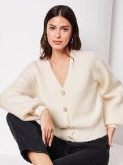 Lipsy Ivory White Long Puff Sleeve Knitted Cardigan - Image 1 of 4