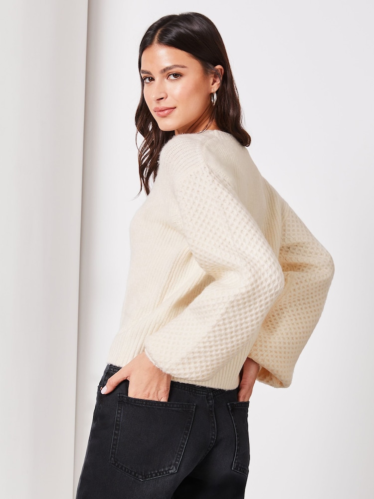 Lipsy Ivory White Long Puff Sleeve Knitted Cardigan - Image 2 of 4
