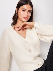 Lipsy Ivory White Long Puff Sleeve Knitted Cardigan - Image 4 of 4