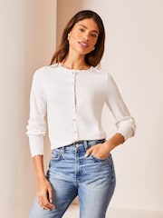 Lipsy Ivory White Scallop Detail Crew Neck Button Through Cardigan - Image 1 of 4
