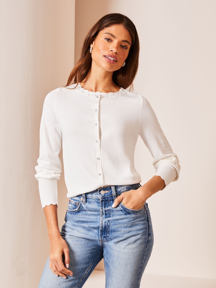 Lipsy Ivory White Scallop Detail Crew Neck Button Through Cardigan - Image 1 of 4