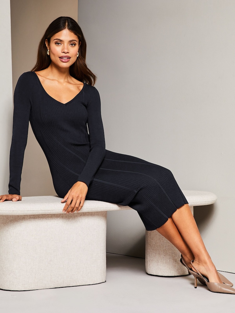 Lipsy Navy Blue Long Sleeve V Neck Ribbed Bodycon Midi Dress - Image 1 of 3 Lipsy Navy Blue Long Sleeve V Neck Ribbed Bodycon Midi Dress - Image 1 of 3