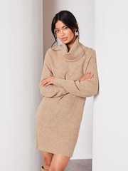 Lipsy Neutral Long Sleeve Cowl Neck Knitted Jumper Dress - Image 1 of 4