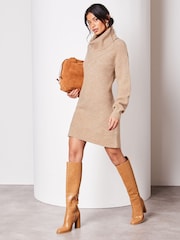 Lipsy Neutral Long Sleeve Cowl Neck Knitted Jumper Dress - Image 2 of 4