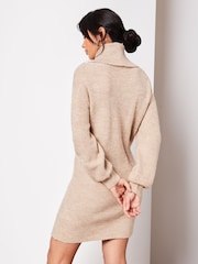 Lipsy Neutral Long Sleeve Cowl Neck Knitted Jumper Dress - Image 3 of 4