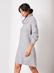 Lipsy Grey Long Sleeve Cowl Neck Knitted Jumper Dress - Image 1 of 4