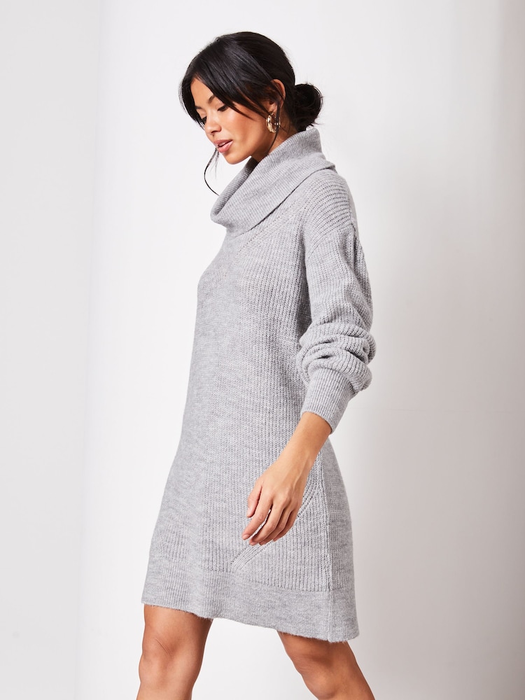 Lipsy Grey Long Sleeve Cowl Neck Knitted Jumper Dress - Image 1 of 4