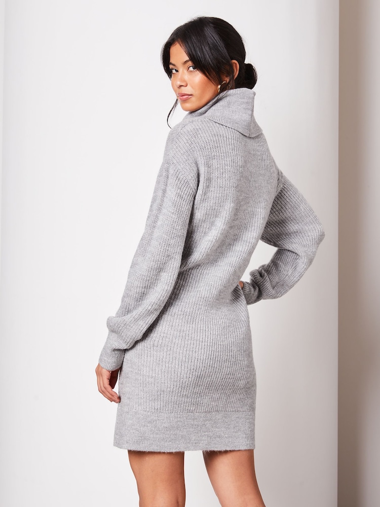 Lipsy Grey Long Sleeve Cowl Neck Knitted Jumper Dress - Image 2 of 4