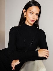 Lipsy Black Long Sleeve High Neck Ribbed Bodycon Dress - Image 4 of 4