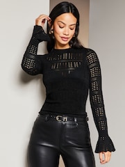 Lipsy Black Long Sleeve Flare Cuff Sheer Pointelle Knit Jumper - Image 3 of 5