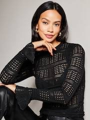 Lipsy Black Long Sleeve Flare Cuff Sheer Pointelle Knit Jumper - Image 5 of 5