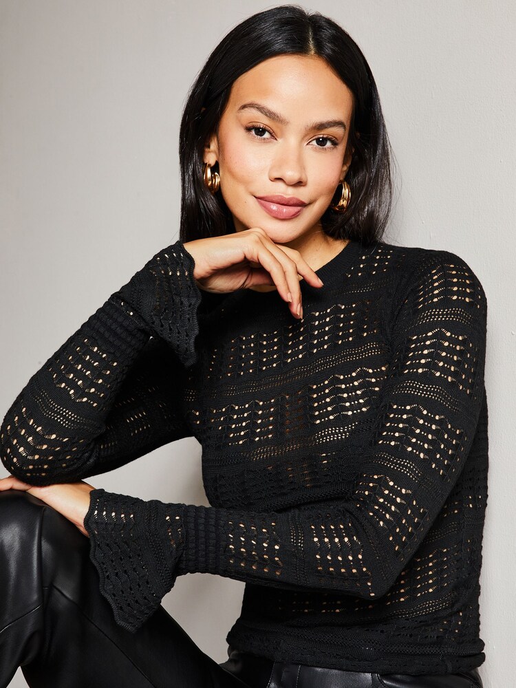Lipsy Black Long Sleeve Flare Cuff Sheer Pointelle Knit Jumper - Image 5 of 5