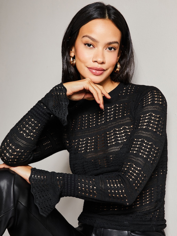 Lipsy Black Long Sleeve Flare Cuff Sheer Pointelle Knit Jumper - Image 5 of 5 Lipsy Black Long Sleeve Flare Cuff Sheer Pointelle Knit Jumper - Image 5 of 5