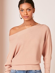 Lipsy Pale Pink Long Sleeve Knitted Off The Shoulder Jumper - Image 4 of 4