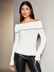 Lipsy Ivory White Bardot Whipstitch Knitted Jumper - Image 1 of 4