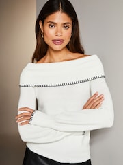 Lipsy Ivory White Bardot Whipstitch Knitted Jumper - Image 4 of 4
