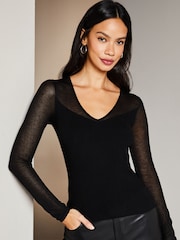 Lipsy Black Long Sleeve Sheer V Neck Jumper - Image 1 of 4