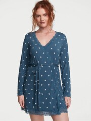 Victoria's Secret Midnight Sea Navy Blue Heart Modal Lace Trim Robe - Image 1 of 3