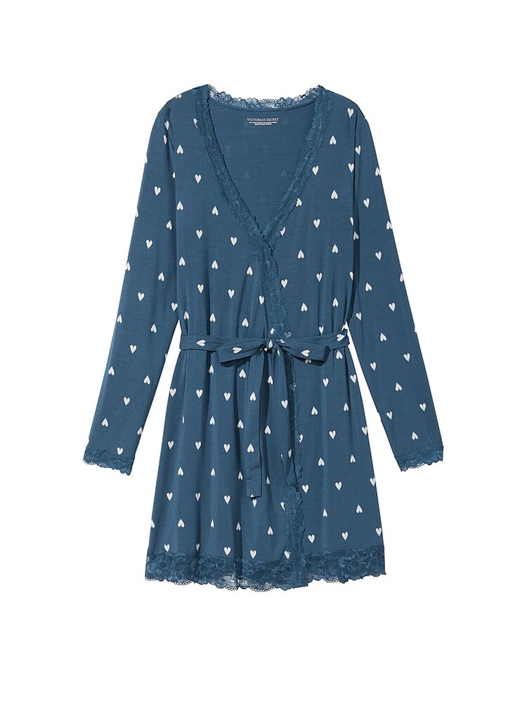 Victoria's Secret Midnight Sea Navy Blue Heart Modal Lace Trim Robe - Image 3 of 3