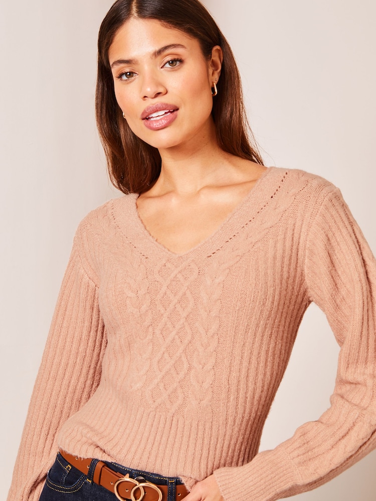 Lipsy Pale Pink Petite V Neck Cable Knitted Jumper - Image 1 of 4