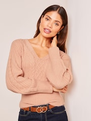 Lipsy Pale Pink Petite V Neck Cable Knitted Jumper - Image 4 of 4
