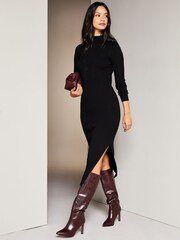 Lipsy Black Petite Long Sleeve High Neck Ribbed Bodycon Dress - Image 1 of 4