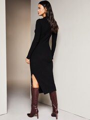 Lipsy Black Petite Long Sleeve High Neck Ribbed Bodycon Dress - Image 2 of 4