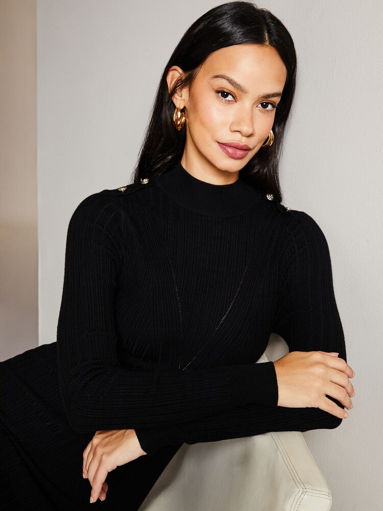 Lipsy Black Petite Long Sleeve High Neck Ribbed Bodycon Dress - Image 4 of 4