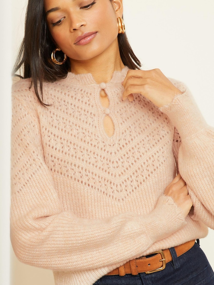 Love & Roses Ivory White Pointelle Keyhole Yoke Jumper - Image 1 of 4