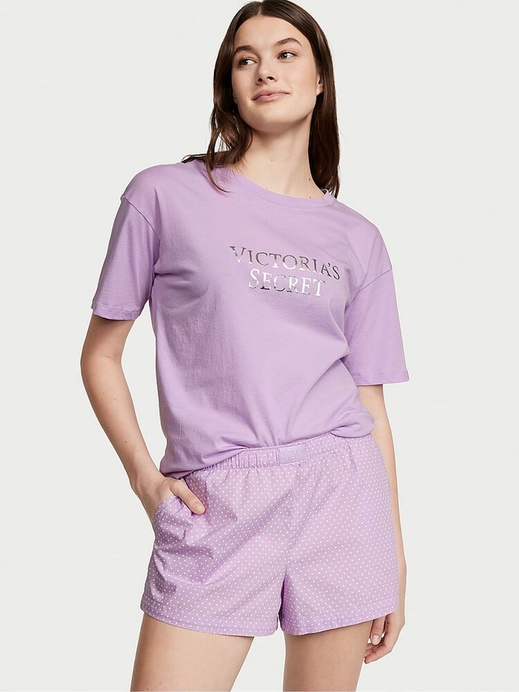 Victoria's Secret Unicorn Purple Mini Dots Cotton T-Shirt Short Pyjamas - Image 1 of 3