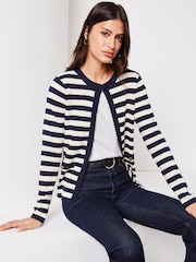 Lipsy Navy Blue Stripe Long Sleeve Crew Neck Cardigan - Image 1 of 4