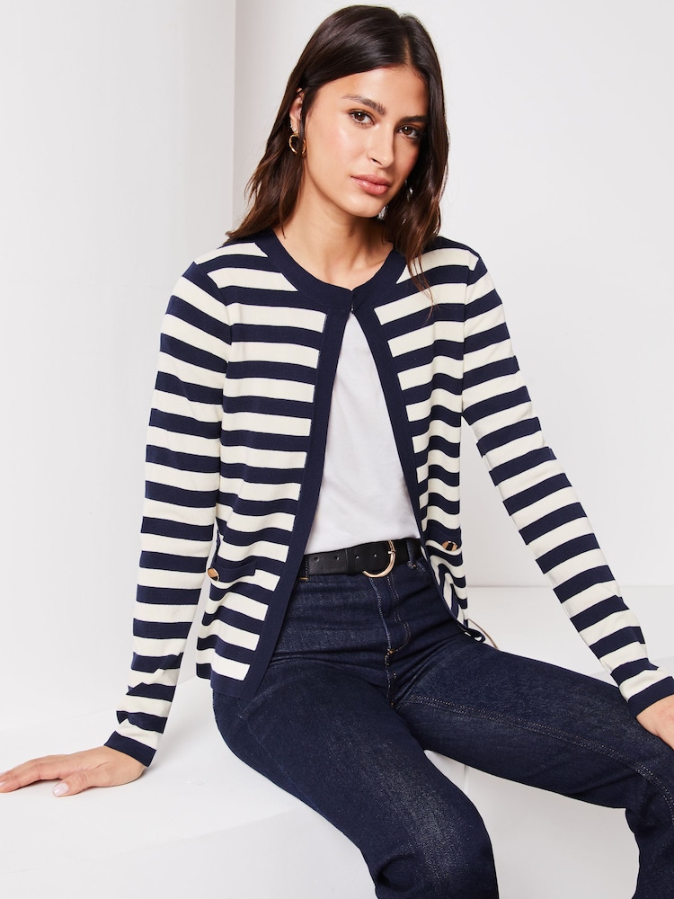 Lipsy Navy Blue Stripe Long Sleeve Crew Neck Cardigan - Image 1 of 4