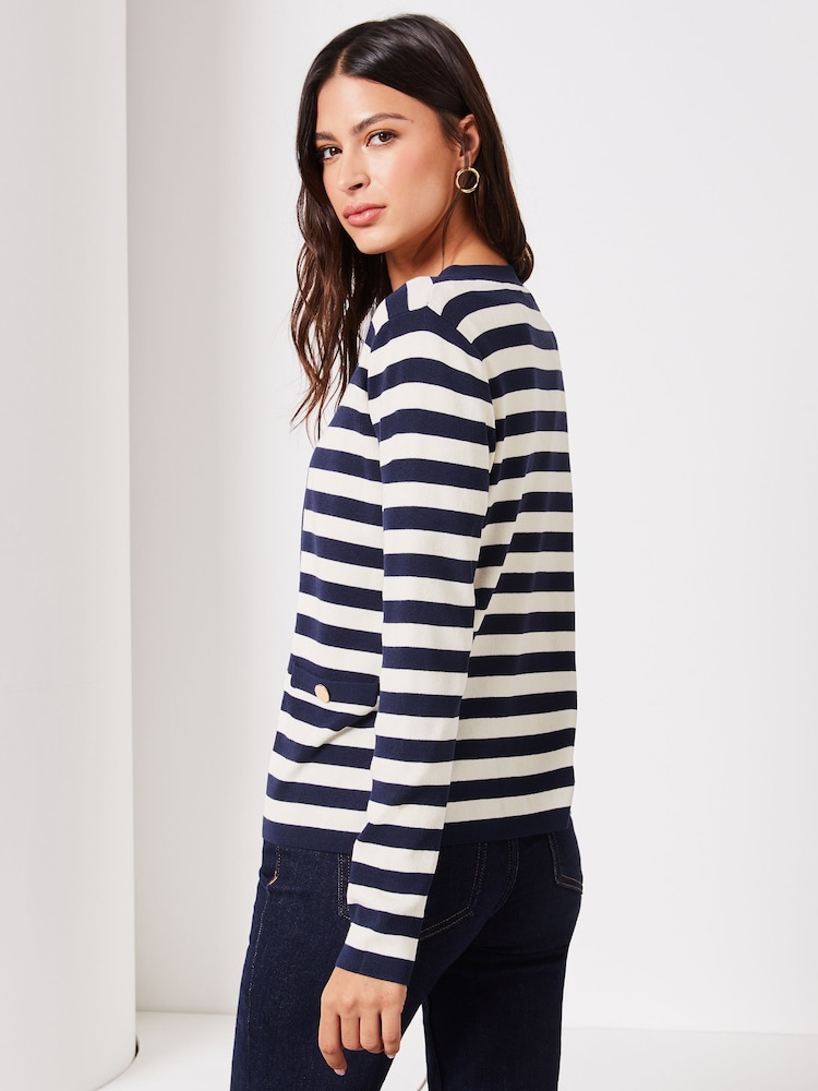 Lipsy Navy Blue Stripe Long Sleeve Crew Neck Cardigan - Image 2 of 4