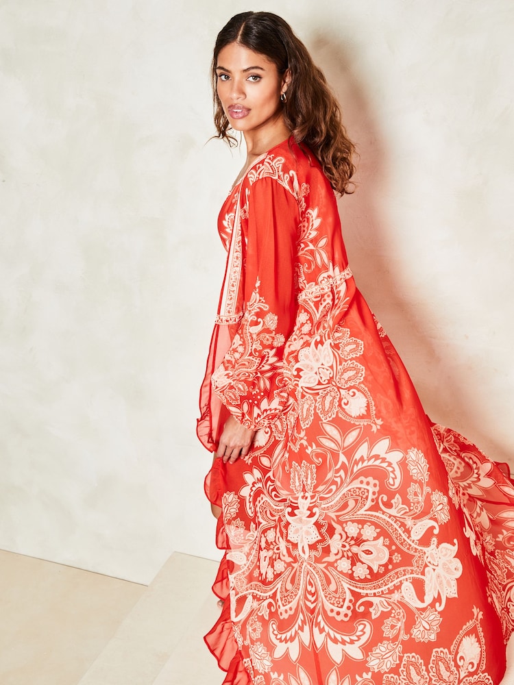 Lipsy Red Printed Long Sleeve Belted Kimono Cover Up - Image 2 of 4 Lipsy Red Printed Long Sleeve Belted Kimono Cover Up - Image 2 of 4