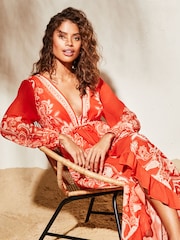 Lipsy Red Printed Long Sleeve Belted Kimono Cover Up - Image 4 of 4