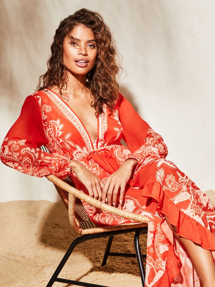 Lipsy Red Printed Long Sleeve Belted Kimono Cover Up - Image 4 of 4 Lipsy Red Printed Long Sleeve Belted Kimono Cover Up - Image 4 of 4
