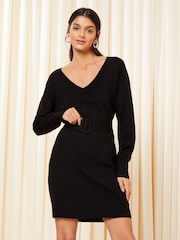 Friends Like These Black V Neck Belted knitted Dress - Image 1 of 4