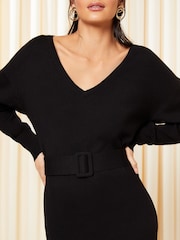 Friends Like These Black V Neck Belted knitted Dress - Image 2 of 4