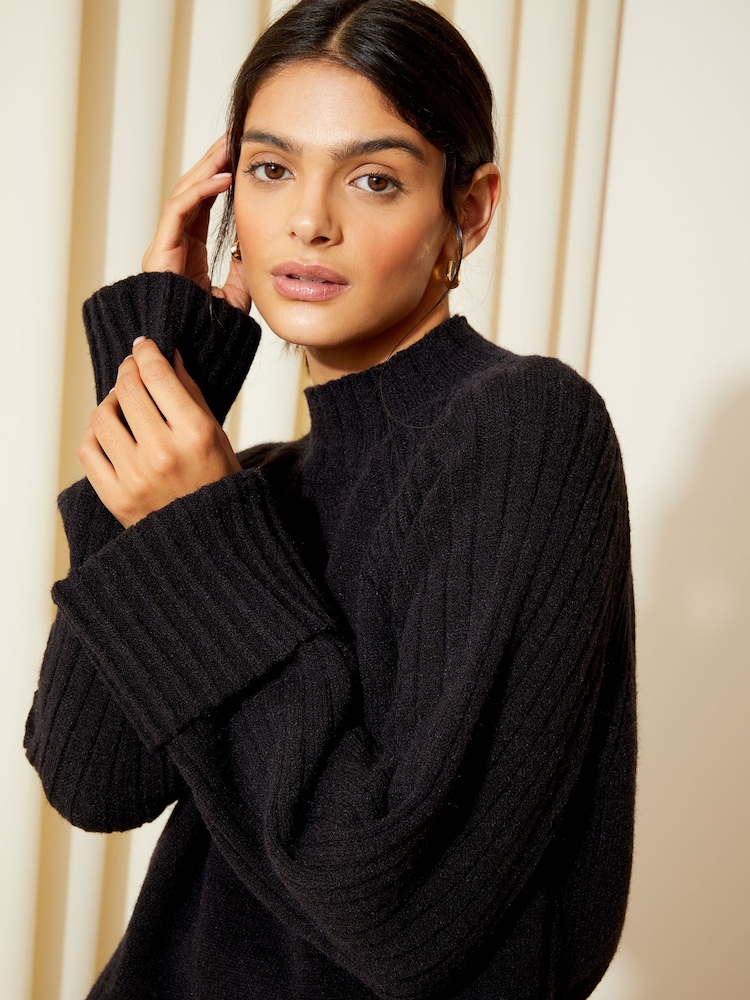 Friends Like These Black Petite Cosy Wide Sleeve Rib Jumper - Image 2 of 4