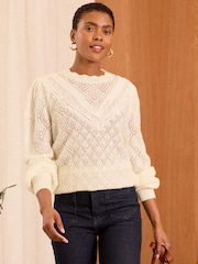 Love & Roses Ivory White Pointelle Rufffle Sleeve Knitted Jumper - Image 1 of 4